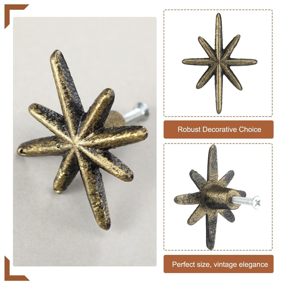 6 Set Unique Antique Gold Cast Iron Drawer Pulls & Cabinet Knobs, 8-Pointed S...