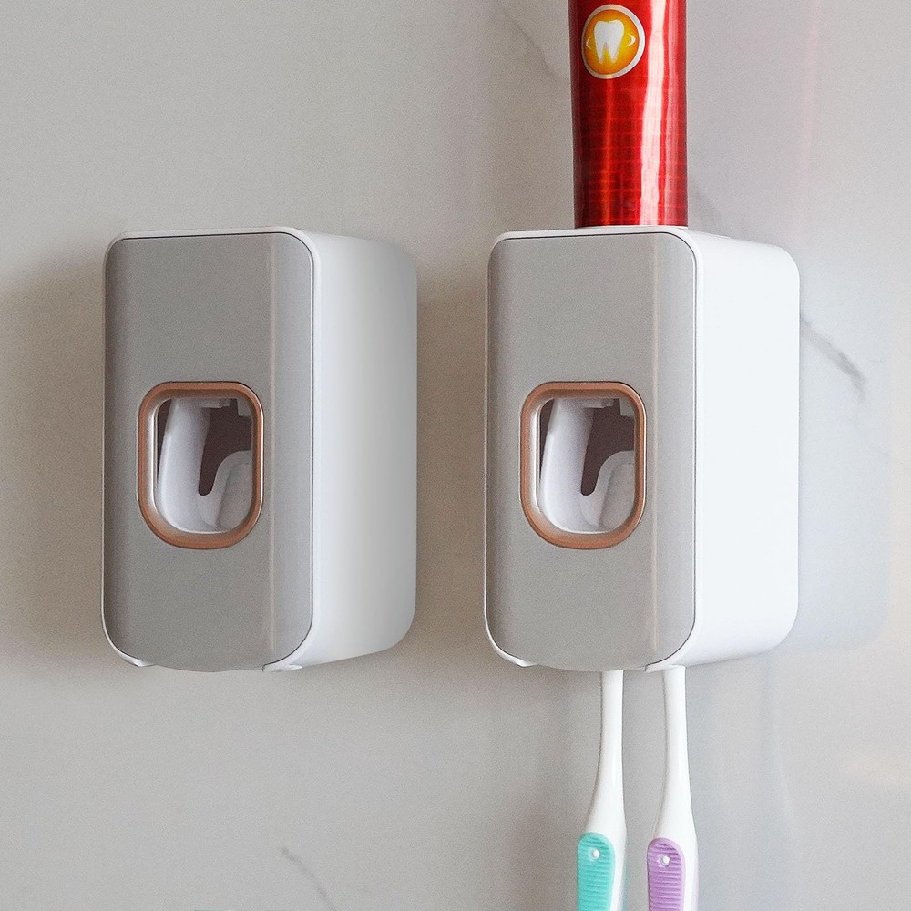 2 Slot Toothbrush Holder and Toothpaste Dispenser Wall Mounted, 2, Light Grey