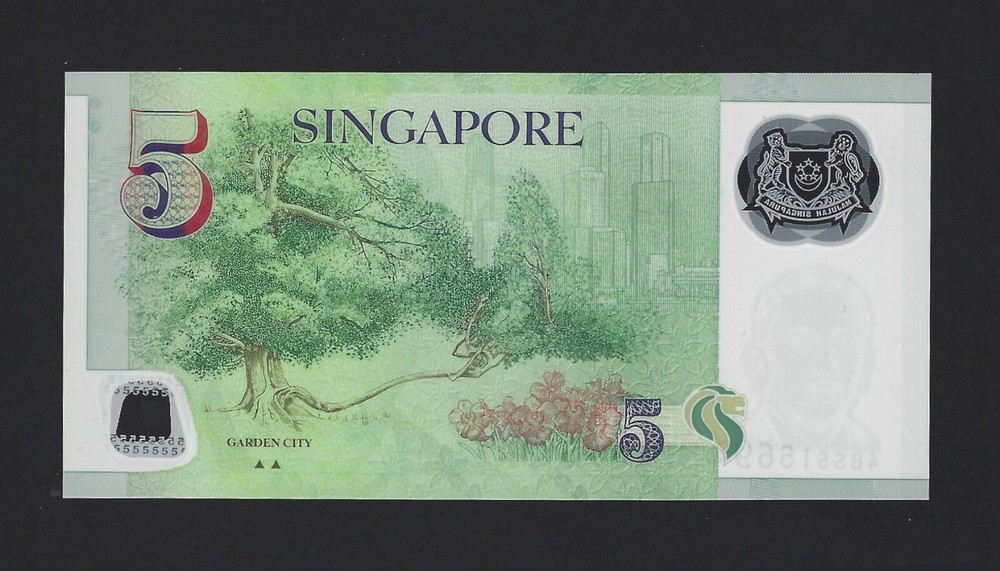 SINGAPORE $5 Dollars 2013, 4BS Prefix 2 Triangles, P-47c Tan P-2f, UNC, Polymer