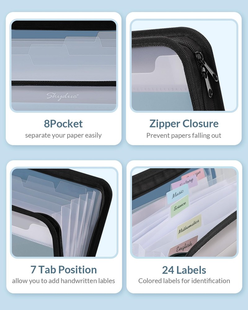 Document Organizer, Accordion Folder with Front Pocket, 7 Pocket 1 pack, Blue