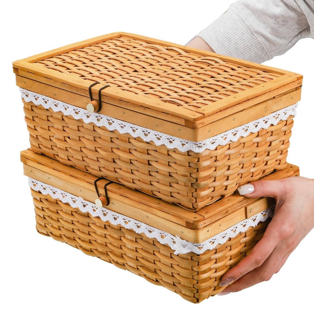 2 Pack Storage Basket with Lid, Handwoven Rectangular Storage Organizer for S...
