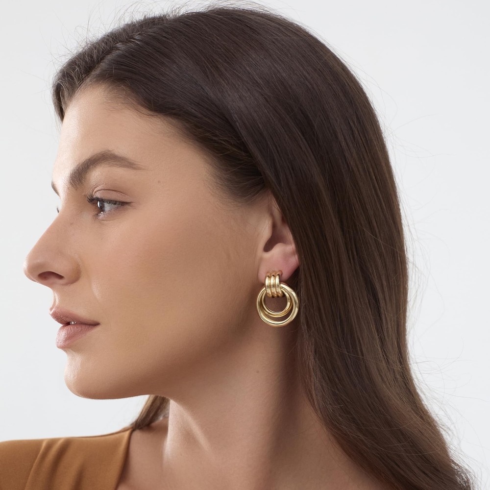 Gold-Plated Chunky Earrings, Knot Link Circle Drop Dangle Statement Studs for...