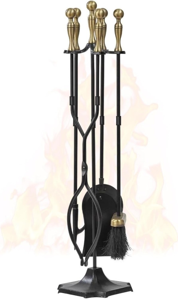 Fireplace Tools Set 5 Pcs Wrought Iron Large Fire Tool Set with Brass Handles fo