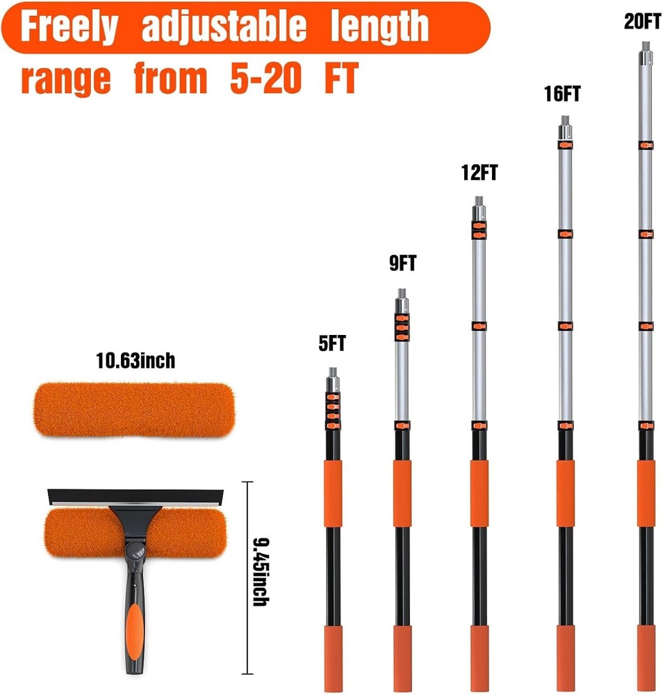 26FT Window Squeegee with Extension Pole, 2-in-1 Squeegee for Window Cleaning...
