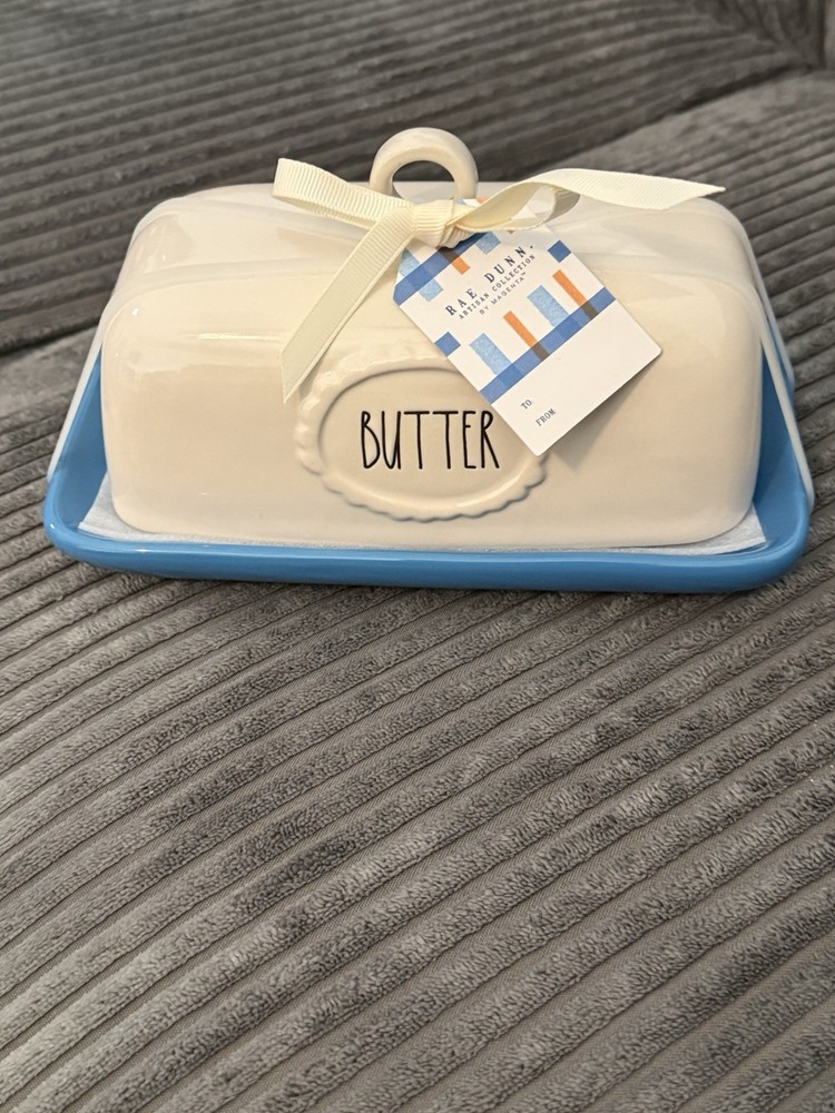 Rae Dunn White & Blue Covered Butter Dish - NWT