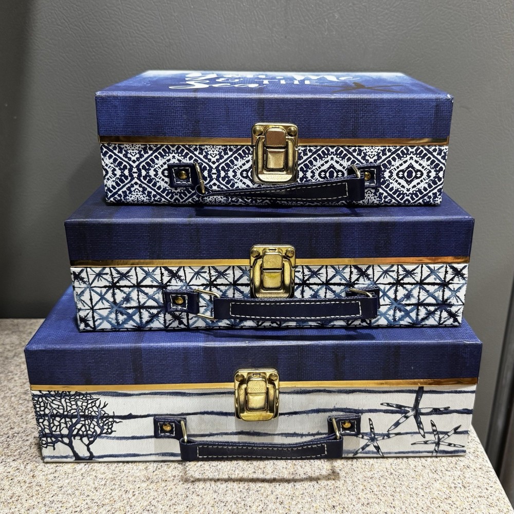 3 Decorative Stacking Paperboard Boxes Small Suitcase-Style Nautical Theme EUC