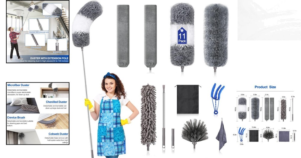 Complete 11PCS Microfiber Duster Kit with Extension Pole for Elegant Cleaning