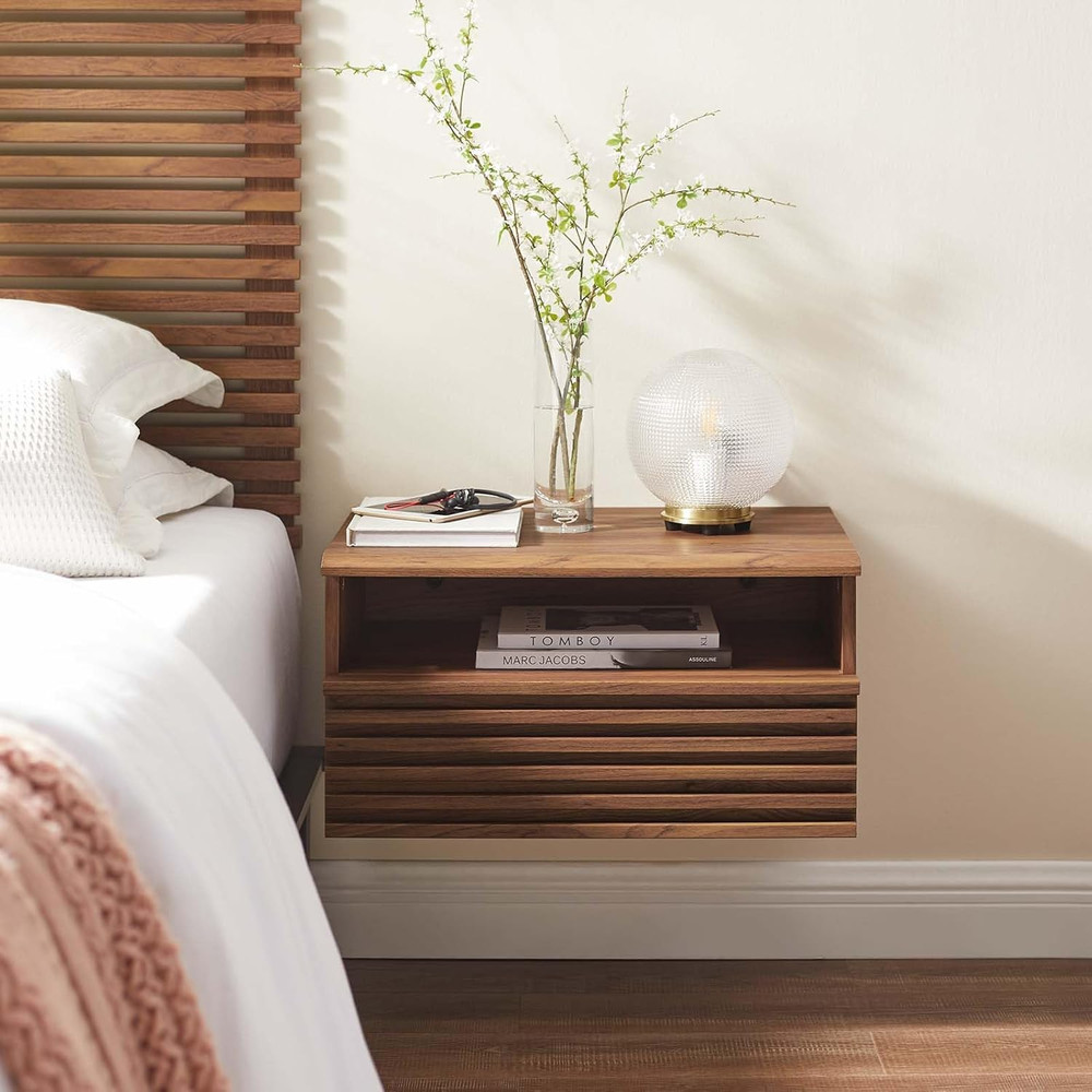 Render Mid-Century Modern, Wall-Mount Nightstand, Walnut