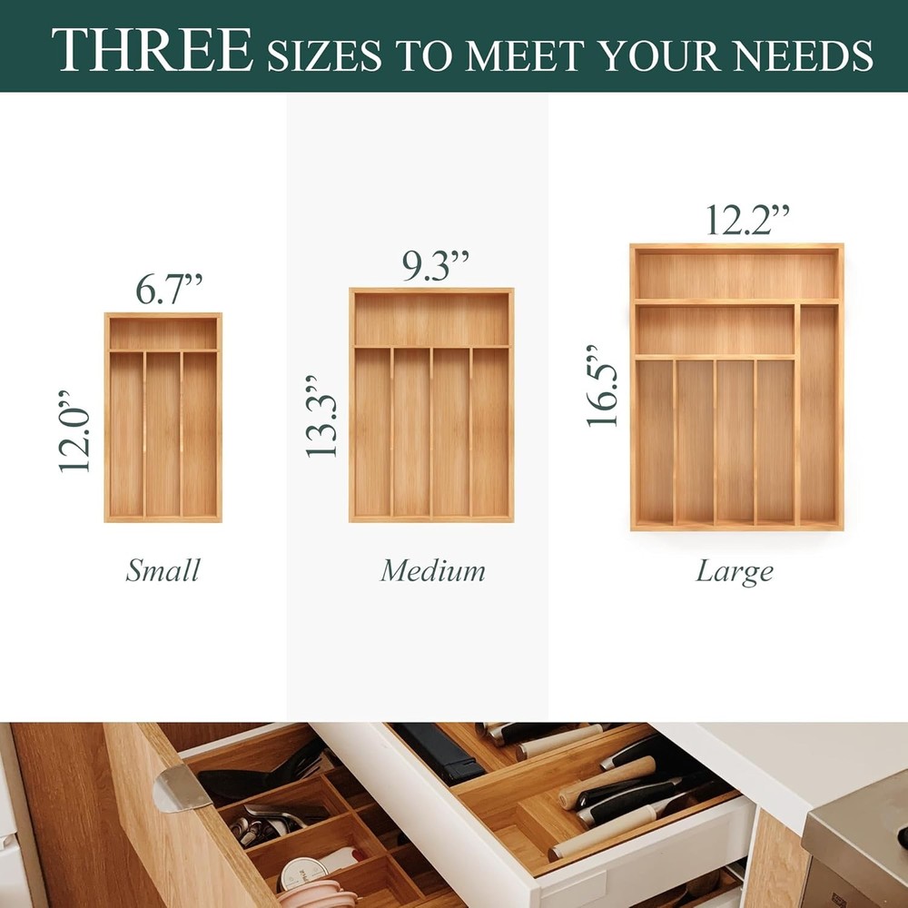 Small Silverware Organizer, Bamboo Kitchen Drawer 12x6.7 Inch, Natural