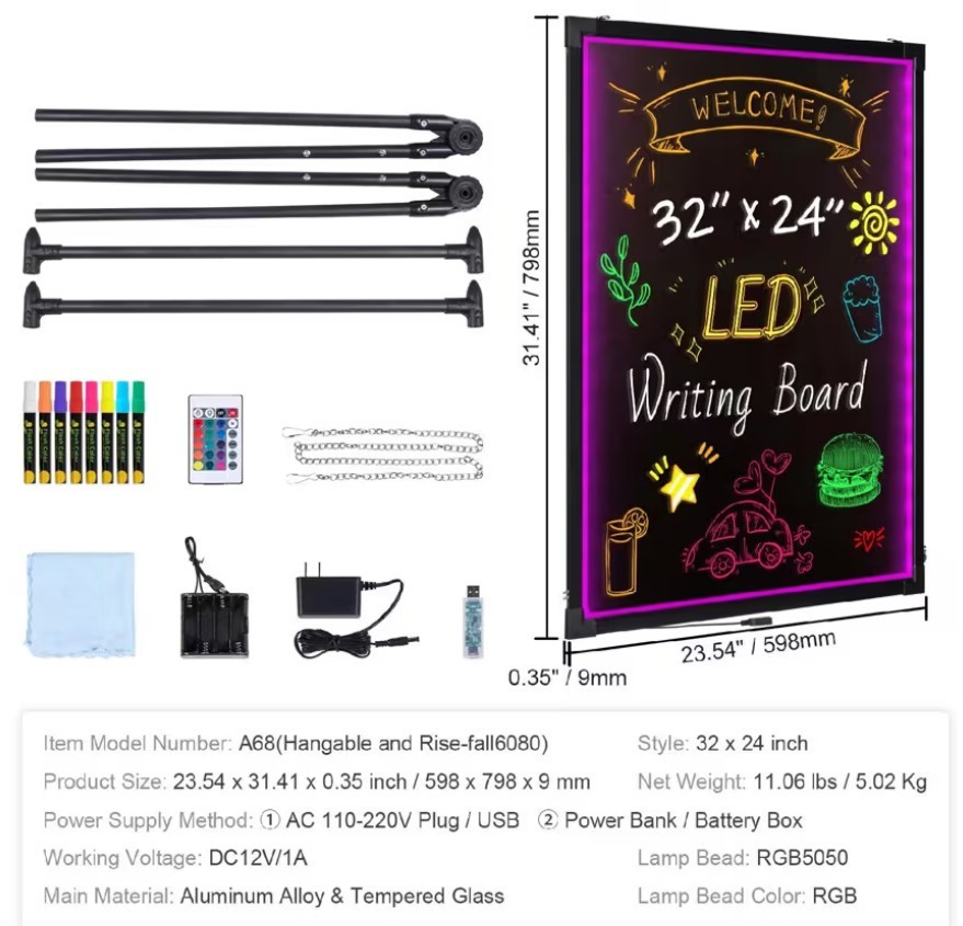 32"x24'' LED Writing Board Lighted Erasable Chalkboard Display