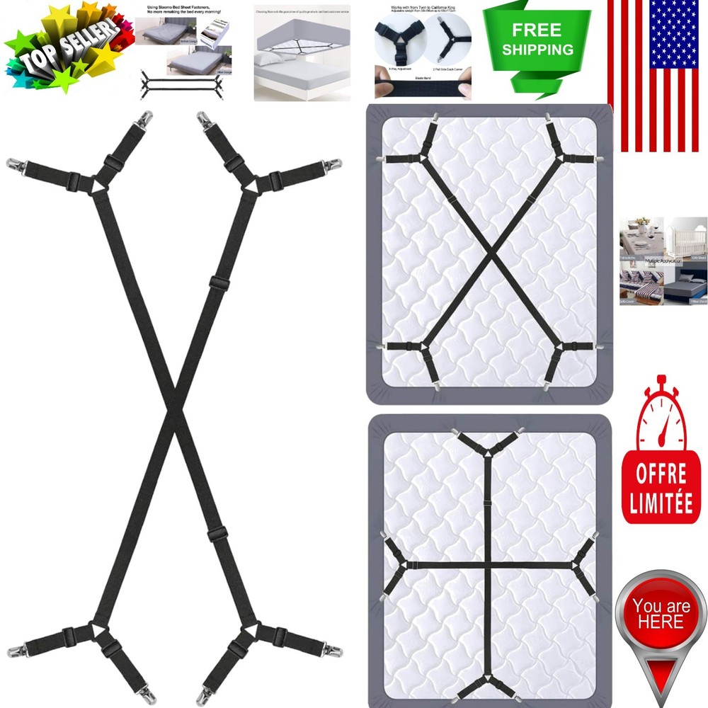 Luxury Adjustable Bed Sheet Holder Straps - Secure Fasteners 2Pcs Set Black