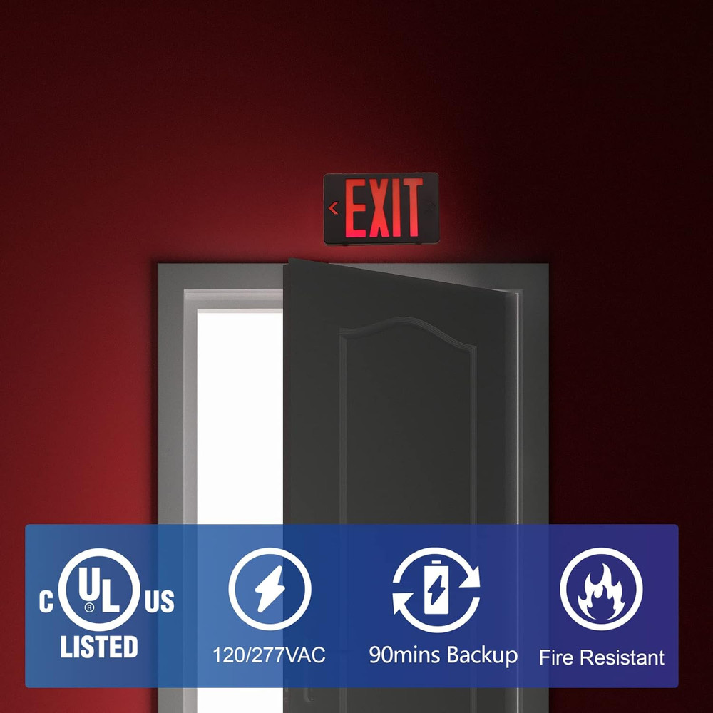 Red Exit Sign with Black Housing, LED Emergency Exit Light with Battery Backup,