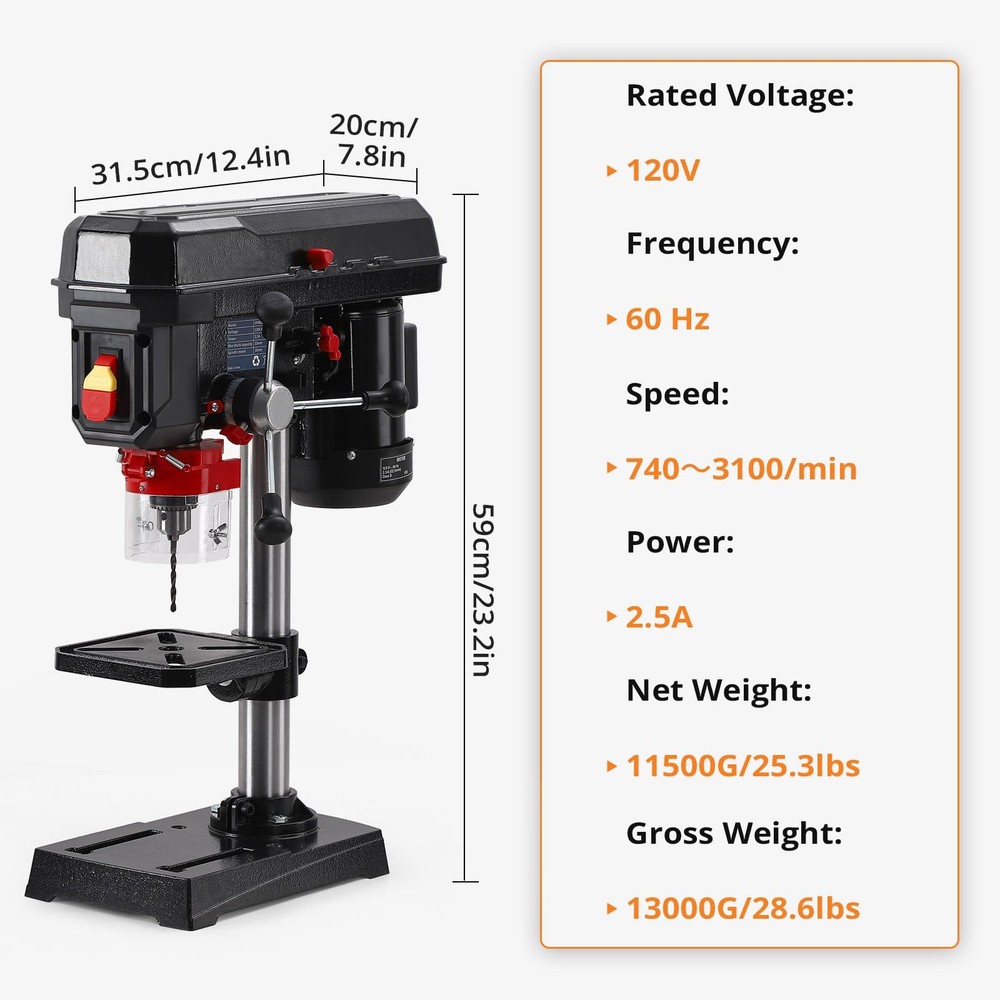 8" Drill Press Benchtop Drill Machine 2.5Amp Tabletop Wood Drill Machine 5 Speed