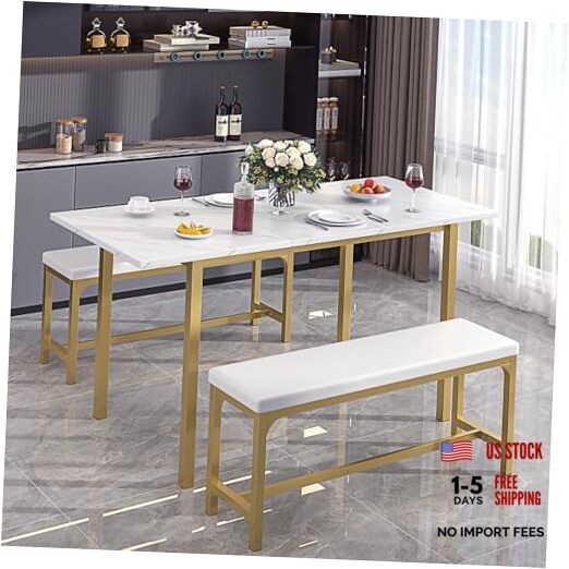 3-Piece 63" Extendable Kitchen Table with Benches/Chairs, Modern White