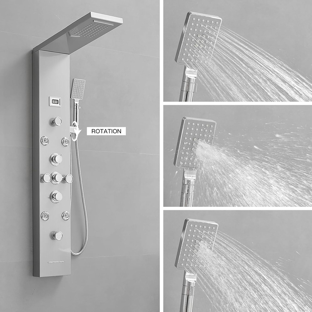 Shower Panel Tower System with Rainfall Waterfall Head and Adjustable Massage Bo
