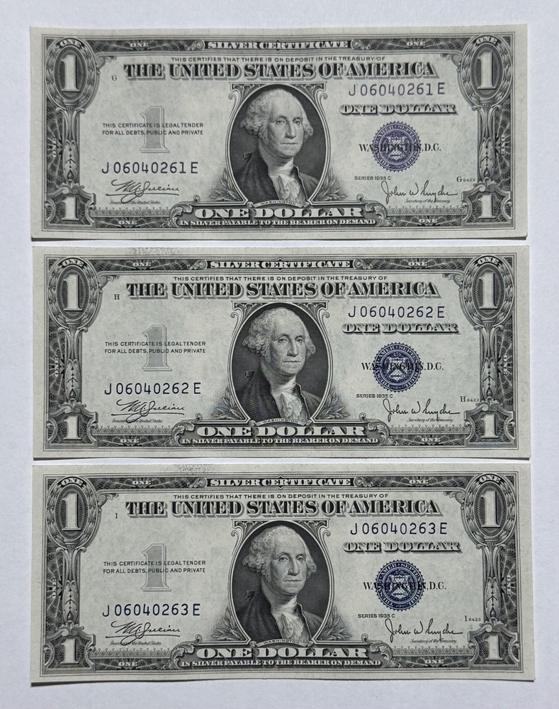 1935-C $1 Dollar Bill Silver Certificate Note 3 Pc Sequential 261E