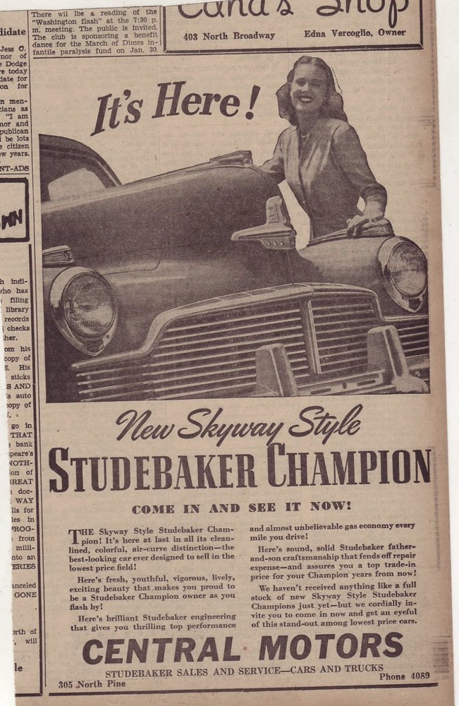 1946 newspaper ad for Studebaker - Skyway Style Studebaker Champion, grille
