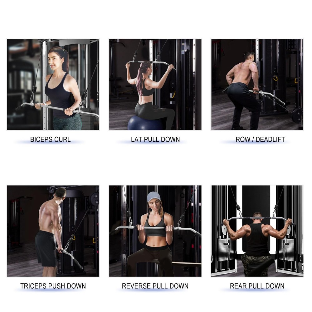 48'' LAT Pull Down Bar: Rotating Double Hooks for Dual Pulley Cable Machine -...