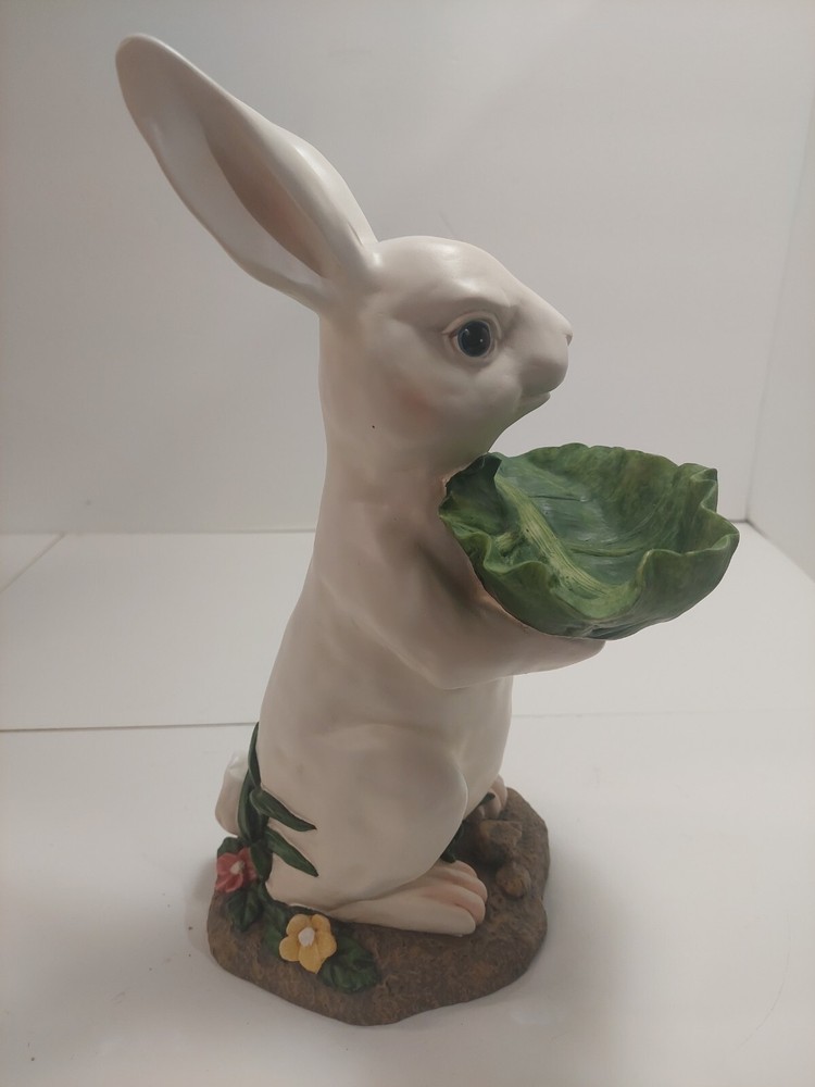 Bunny Rabbit Statue Candy Bowl Server Figure 12" White Resin White Cabbage Leaf