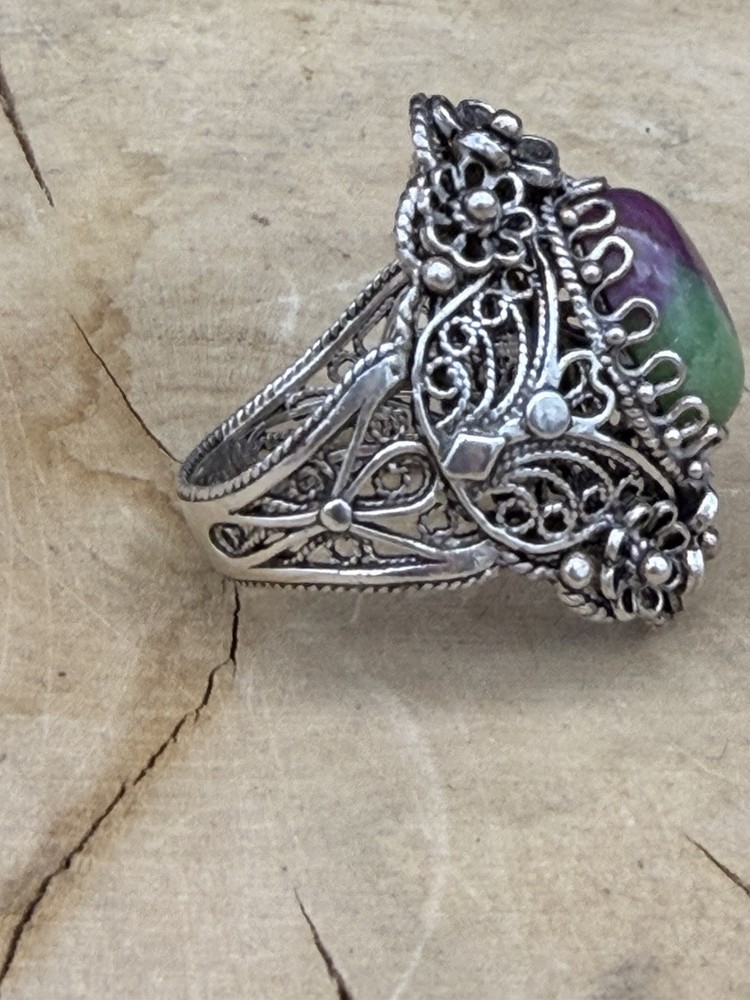 Sterling Silver Ruby Zoisite Filigree Ornate Ring Size 8 Turkey Signed DGS