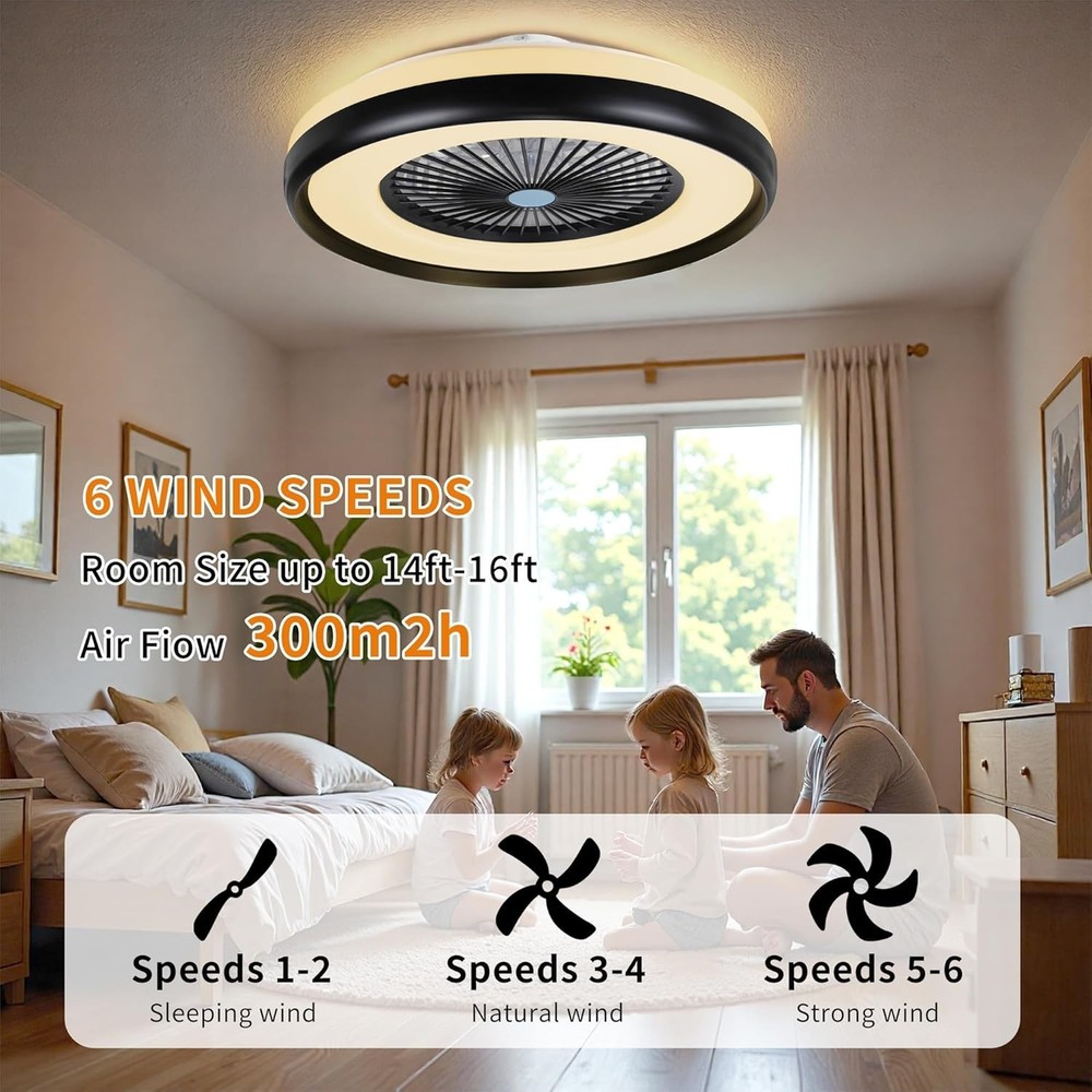 RGB Flush Mount Ceiling Fan Light Low Profile Remote Bladeless 24" Black
