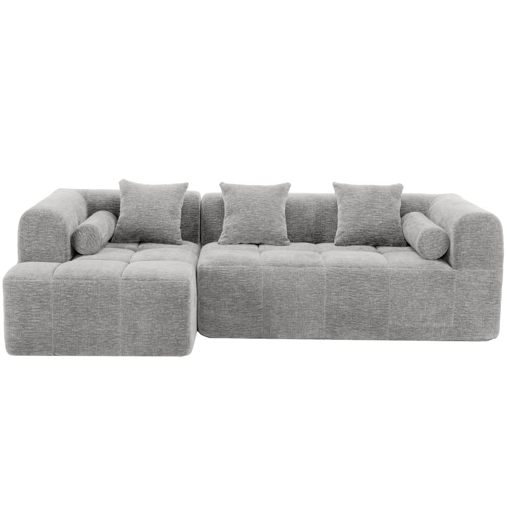 3-Seat Modular Sectional Sofa, Tufted Back with Side Pockets, Light Grey