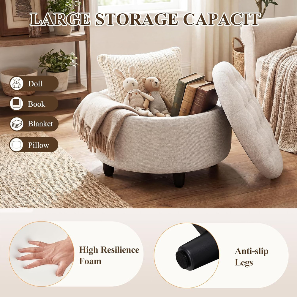 Fabric round Storage Ottoman with Reversible Tray Lid – Multi-Functional Footres