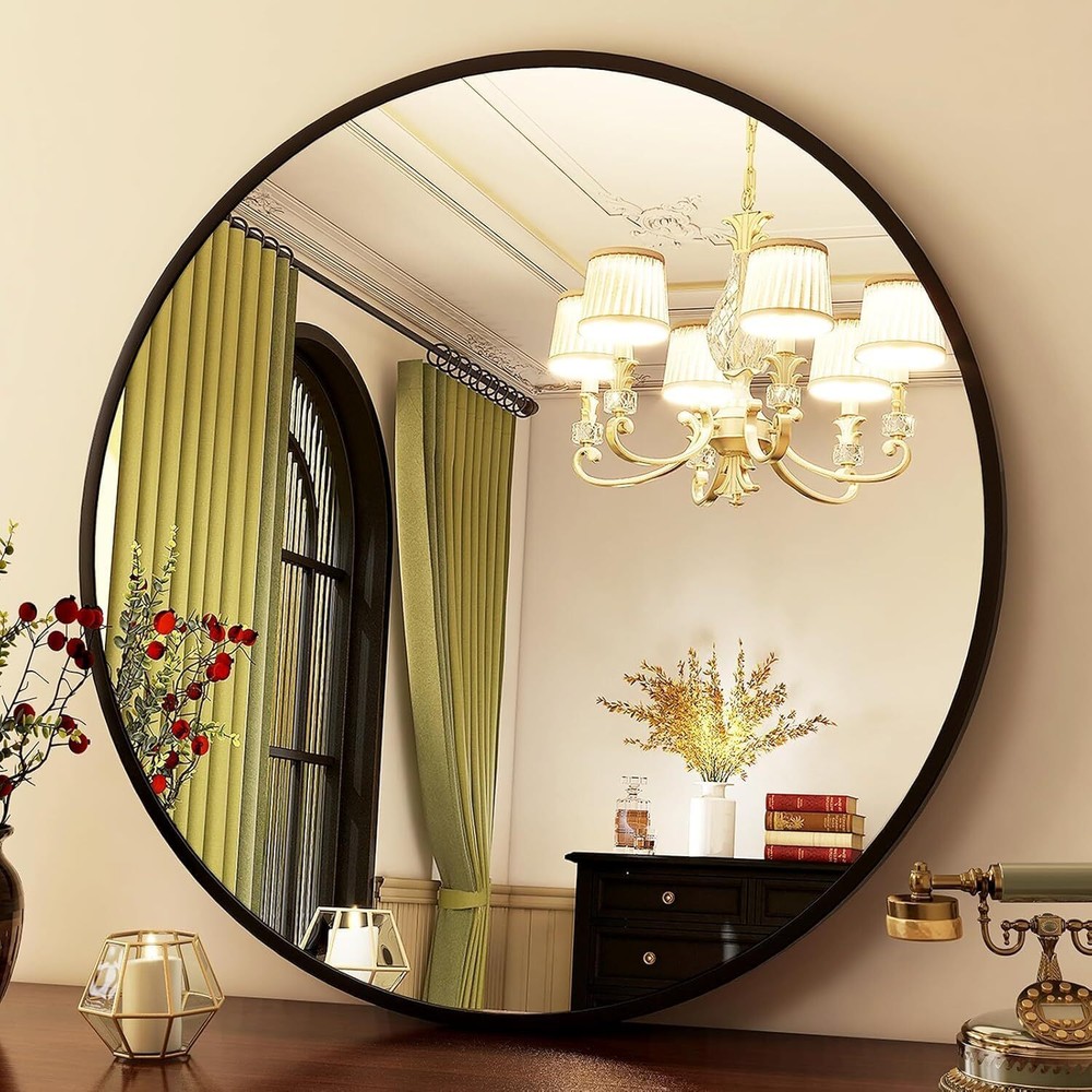 Round Mirror 30 Black Wall Mounted Circle Mirrors Vanity Mirror with Brushed