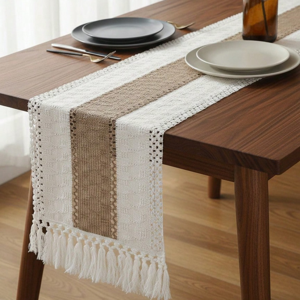 Boho Table Runner With Tassels Cream & Brown Macrame Woven Table Runner Mat