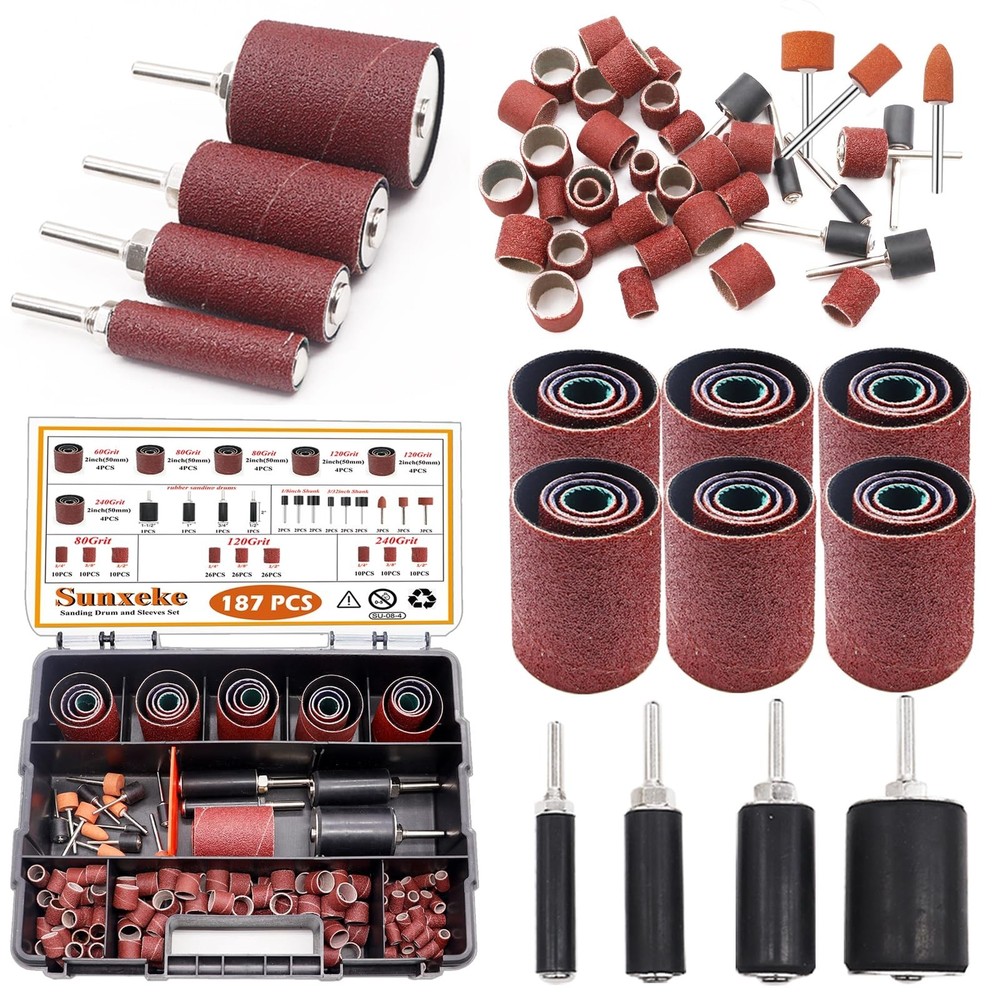 187-Piece Sanding Drum Kit for Drill & Drill Press – Includes 2inch Spindl