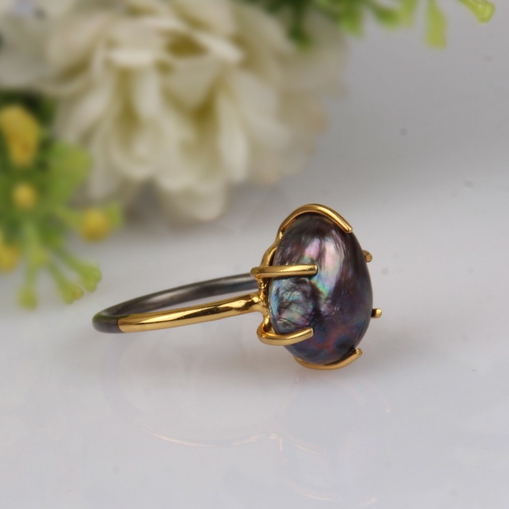 Peacock Black Pearl Engagement Ring 925 Sterling Silver Two Tone Stack Ring