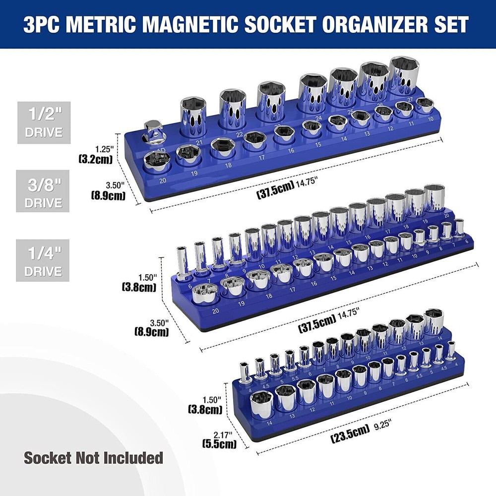 6X Magnetic Socket Organizer Set 1/4" 3/8" 1/2" Drive Holders for Socket Storage