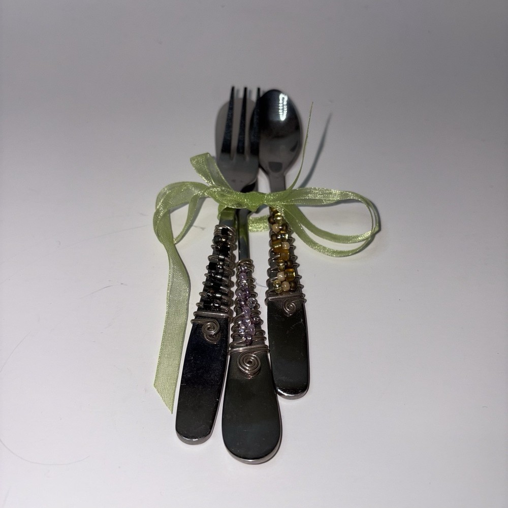 Hand Beaded Wire Wrapped Appetizer Small Spreader Fork and Spoon Set Stainless