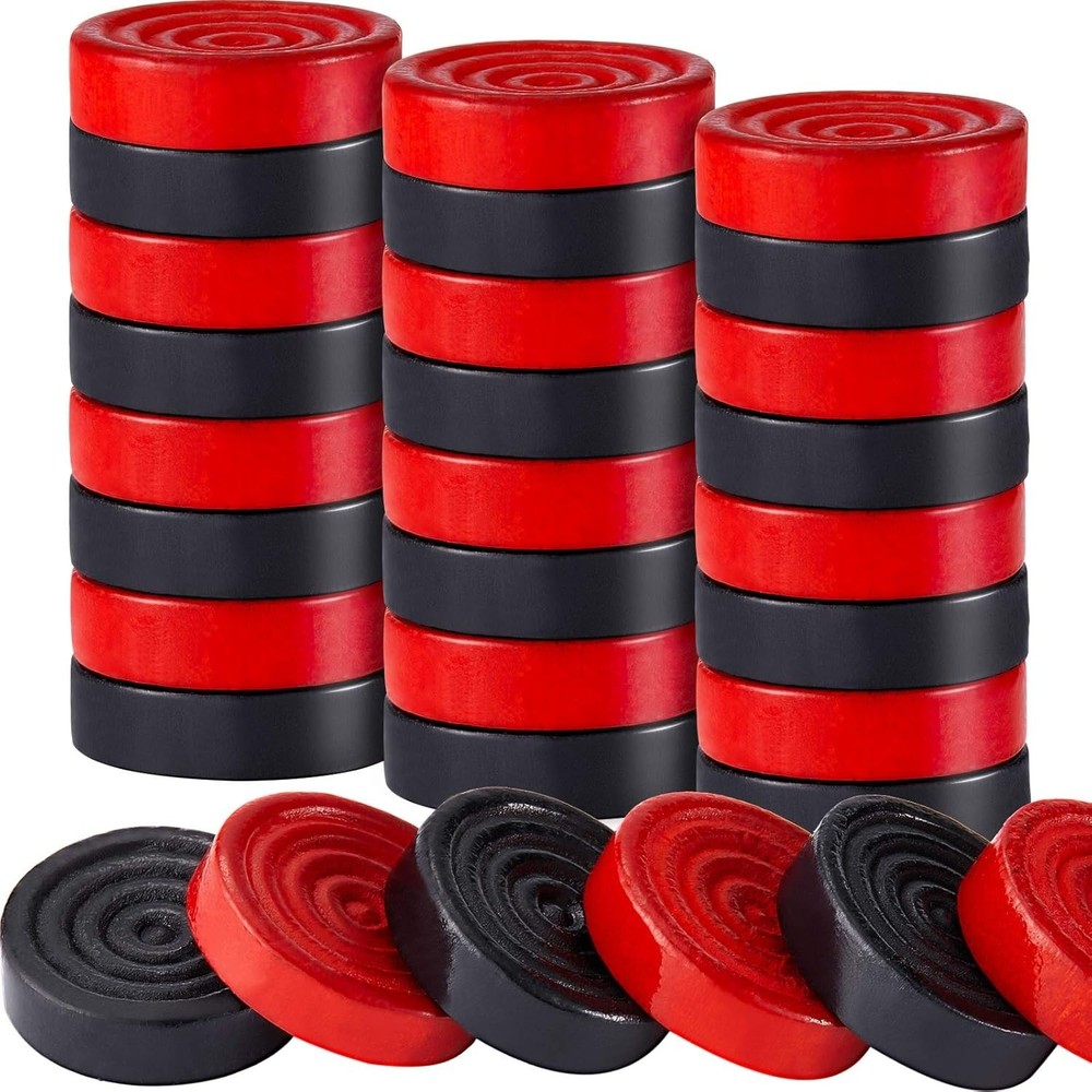 24 Pcs Wooden Checkers Pieces with Stackable Ridge in Drawstring Storage Pouch
