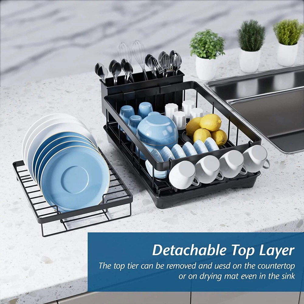 2-Tier Large Dish Drying Rack for Kitchen Counter Drainer Organizers Cups Holder