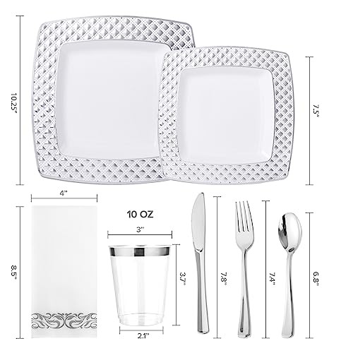 175 Count Silver Dinnerware Set for 25 Guests, Silver Diamond Rim Plates