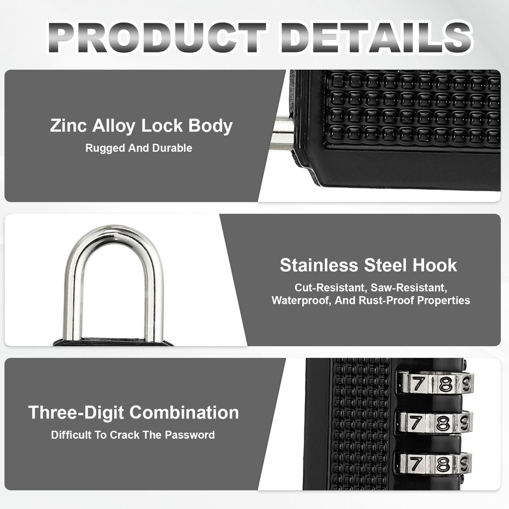 Combination Padlock (Medium, Black), 3-Digit Shackle Code Locks