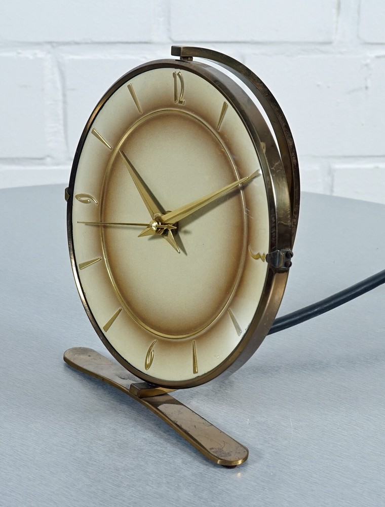 elegant FUTE brass clock table clock electric with creeping second 1950s