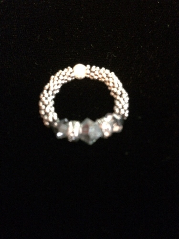 Silvertone Swarovski Beaded Stretch Ring, Size 7-7 1/2
