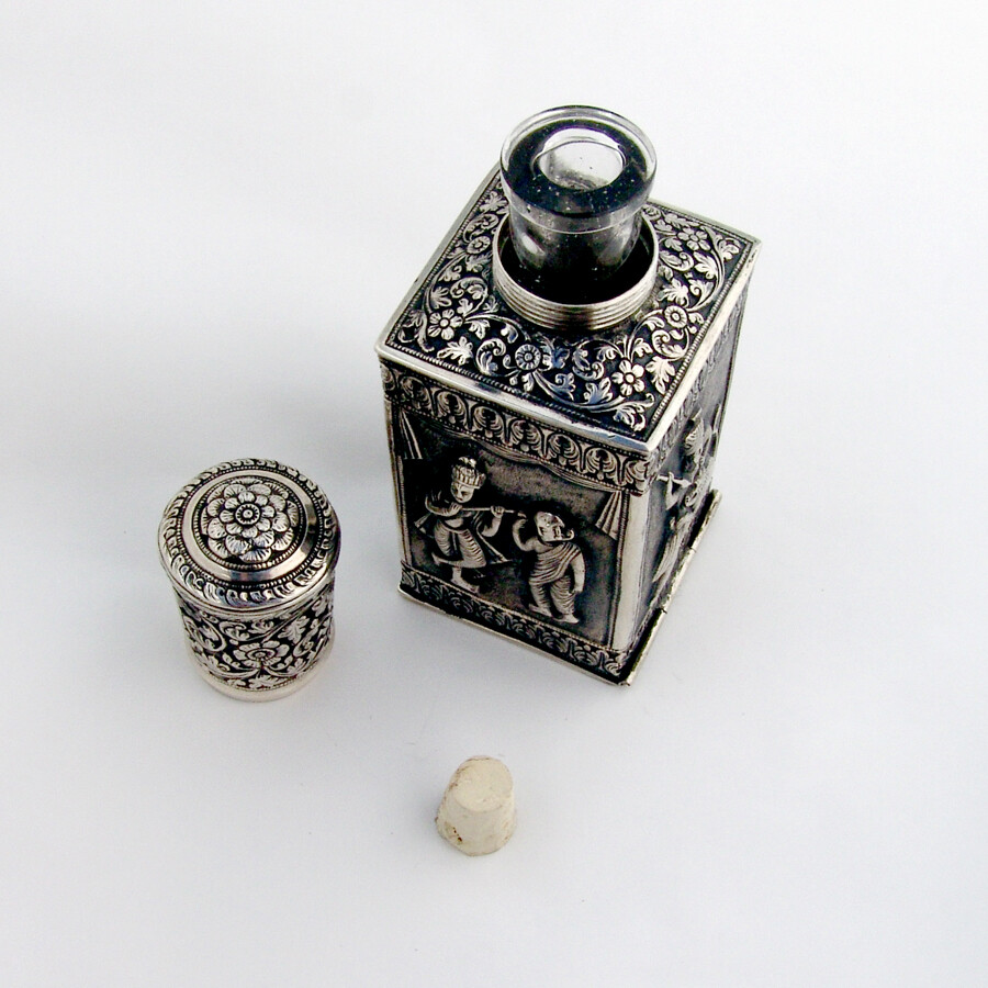 Ornate Figural Tea Caddy Indian Colonial Silver