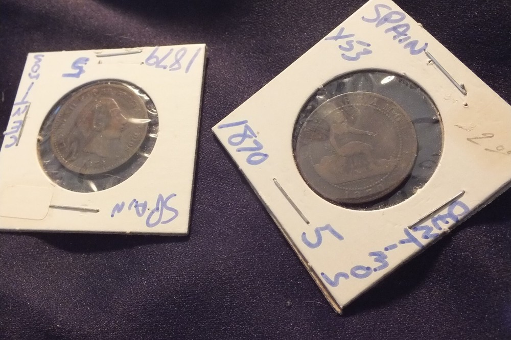 1870 and 1879 Spain 5 Centavos