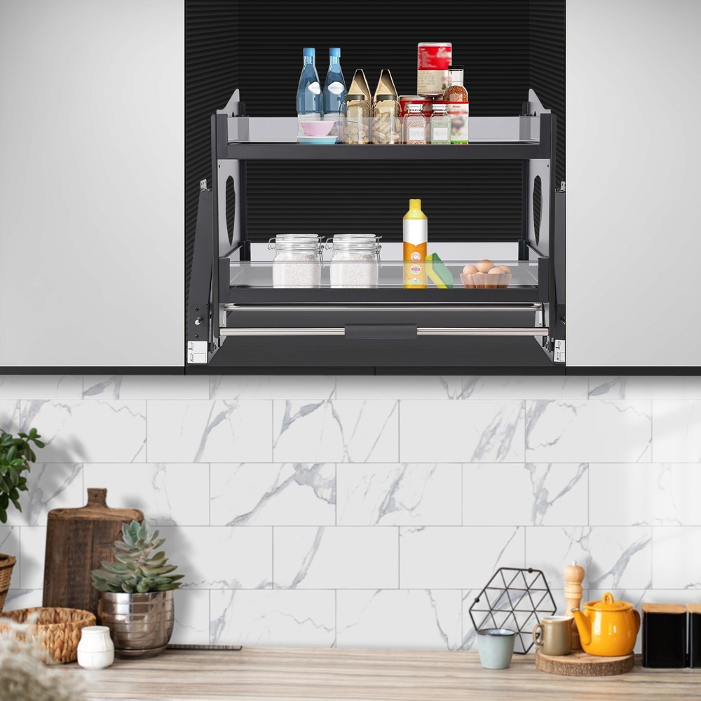 2 Tier Kitchen Cabinet, Pull Down Bowl Dish Cup Organizer Shelf 74*27*52cm