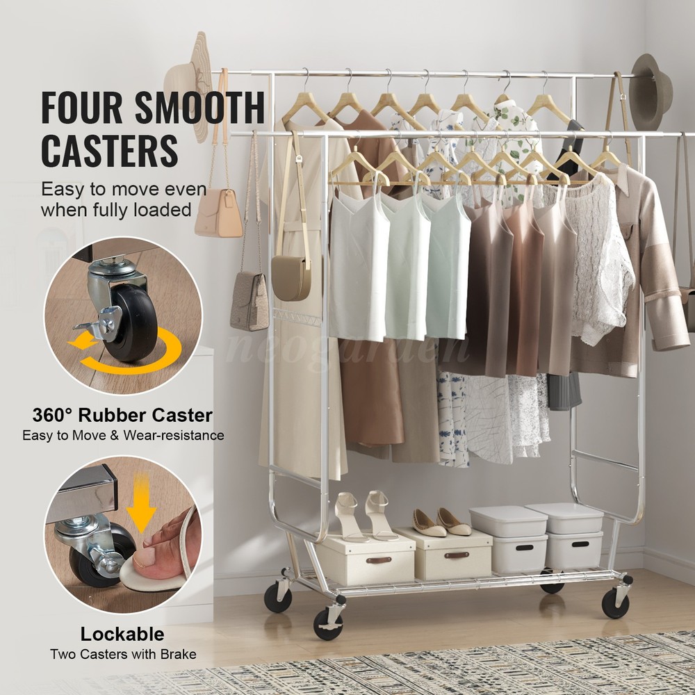 Mobile Coat Rack, Retractable Adjustable, Heavy Duty Chrome with Bottom Shelf