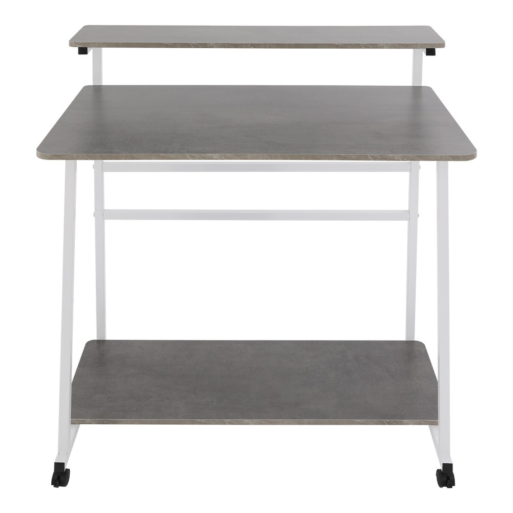 3-tier Computer Desk, Home Office Desk, Rolling Computer Desk, White, Grey