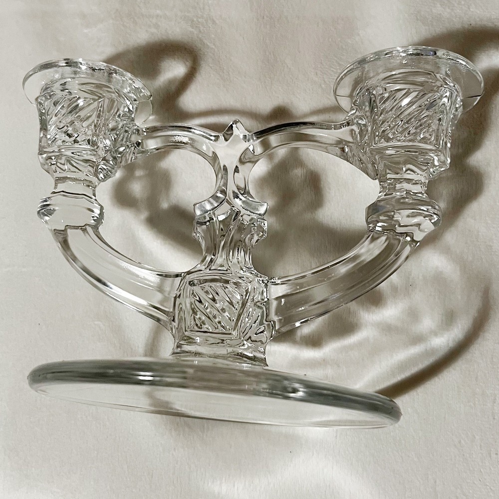 INDIANA GLASS SQUARE FLORAL BASE DOUBLE LIGHT CANDLESTICK HOLDER