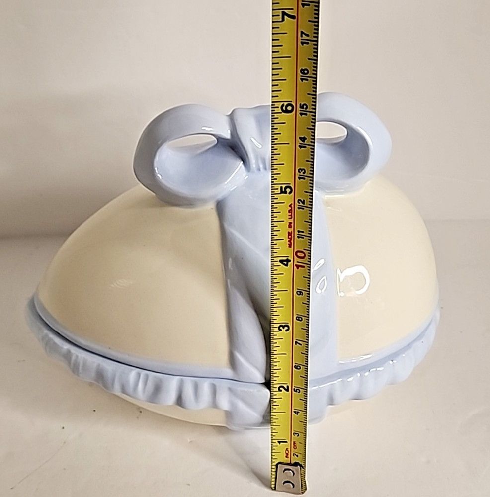 Vintage Easter Egg Candy Dish with Lid Blue Bow Ceramic Trinket Dish 1985
