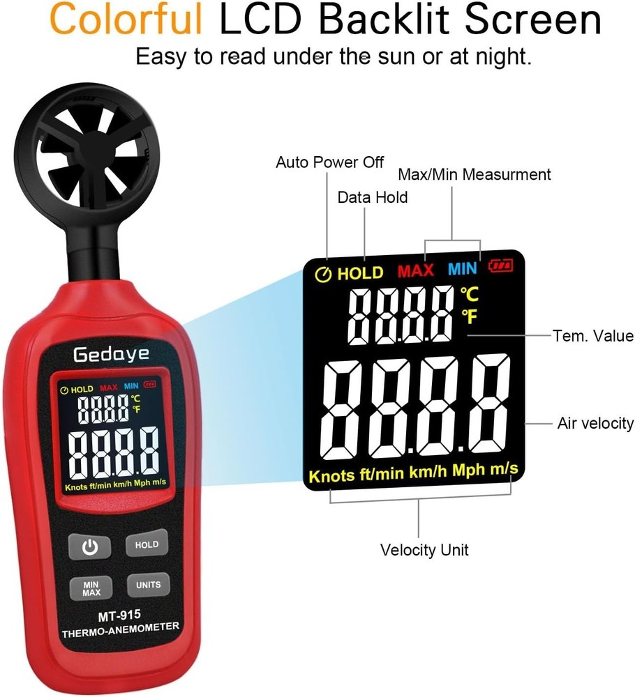 Digital Wind Speed Meter, Handheld Anemometer, Measure Wind Speed and Tempera...