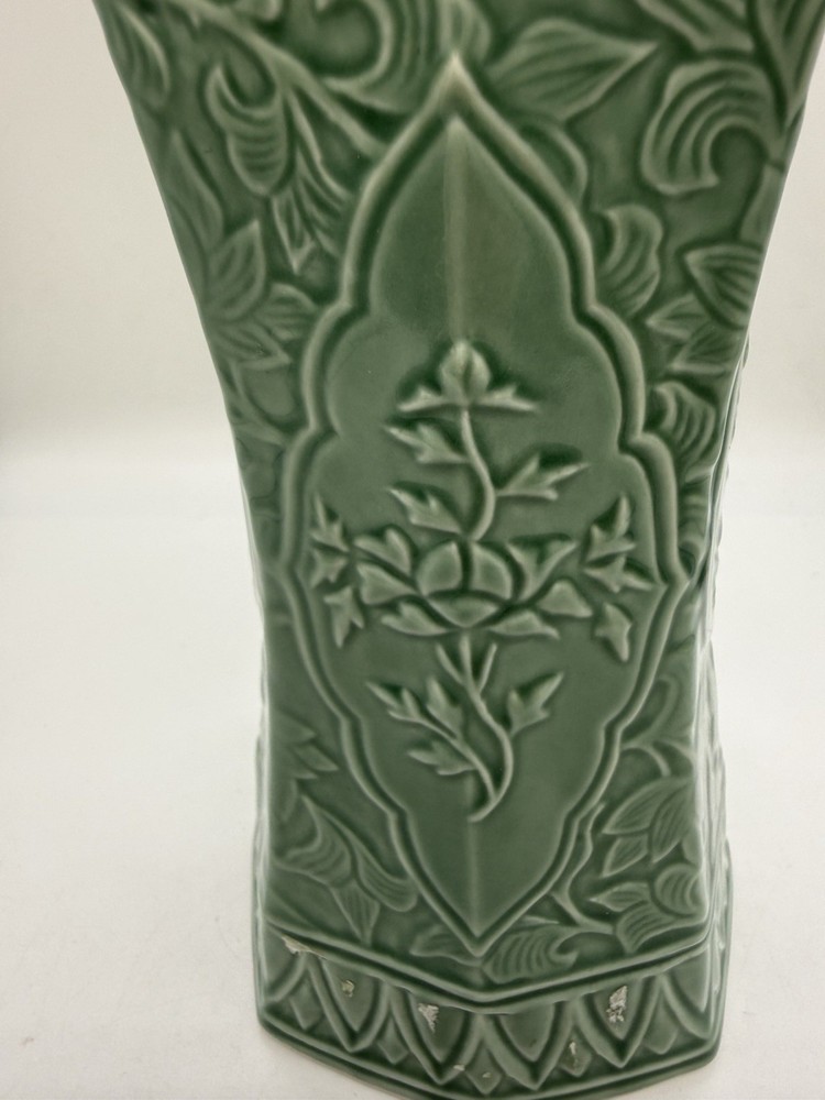 Ceramic Celadon Octagonal Bottle Leegangju, Korean Luck