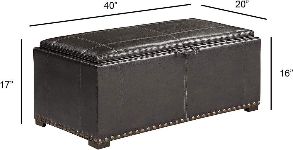 Leather Storage Bench with 2 Side Ottomans Convertible Table Black