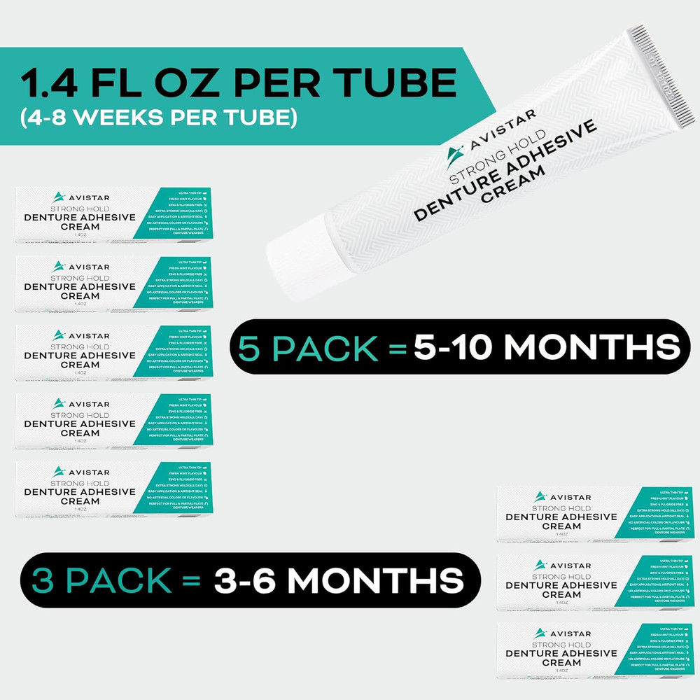 Denture Adhesive Cream 5 Pack - Extra Strong Hold with Easy Application & Mint &